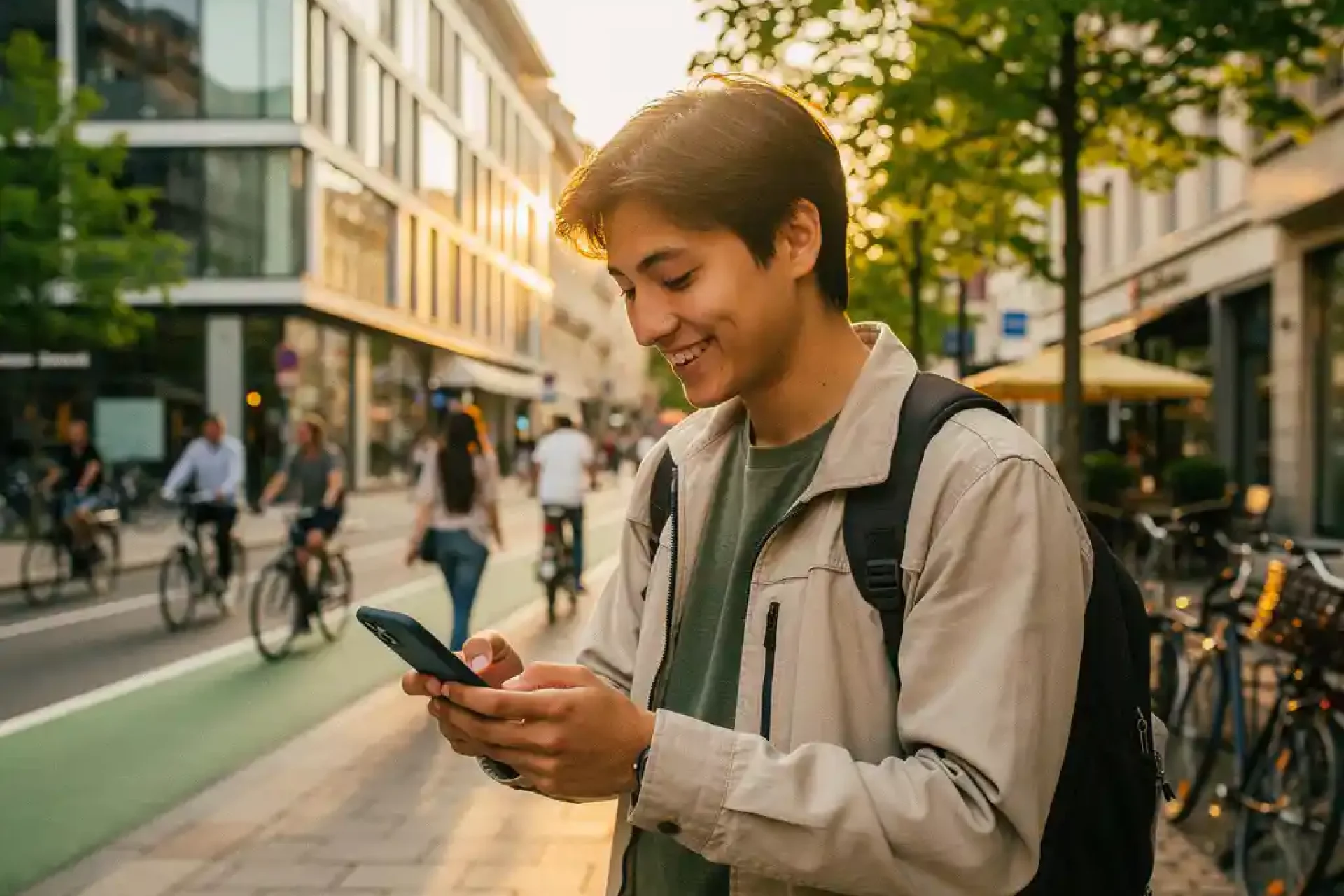 Jonge forens bekijkt subsidiedocument op smartphone op drukke Europese stadsstraat in gouden avondlicht.