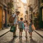 Jong gezin met twee kinderen op een smalle Europese keienstrate, ouders dragen boodschappen, warme middagzon tussen kleurrijke winkelpuien.