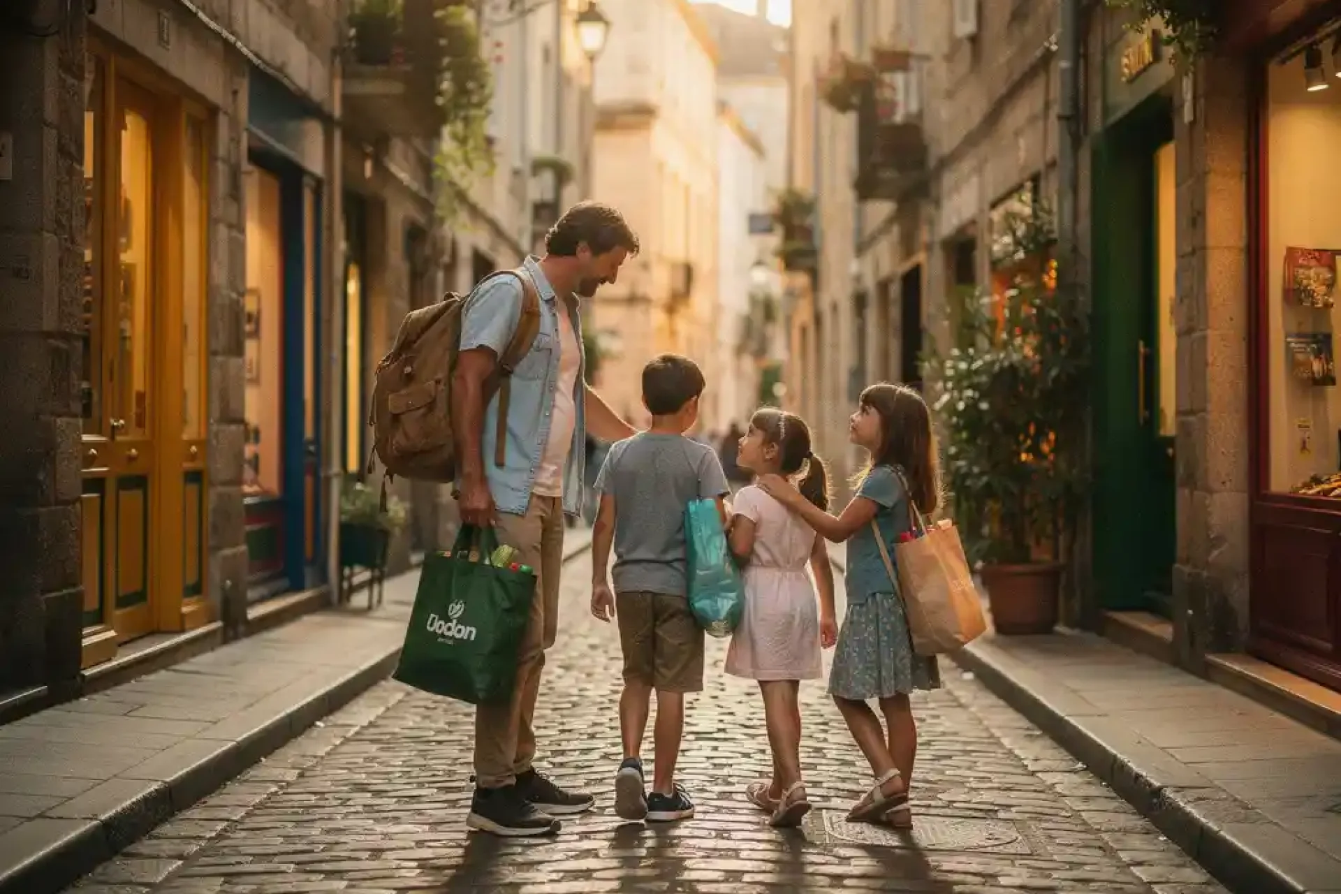 Jong gezin met twee kinderen op een smalle Europese keienstrate, ouders dragen boodschappen, warme middagzon tussen kleurrijke winkelpuien.