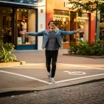 Voetganger spreidt armen in smal haaks parkeervak op drukke stadsstoep, met kinderkopjesstraat en kleurrijke winkelpuien op de achtergrond.