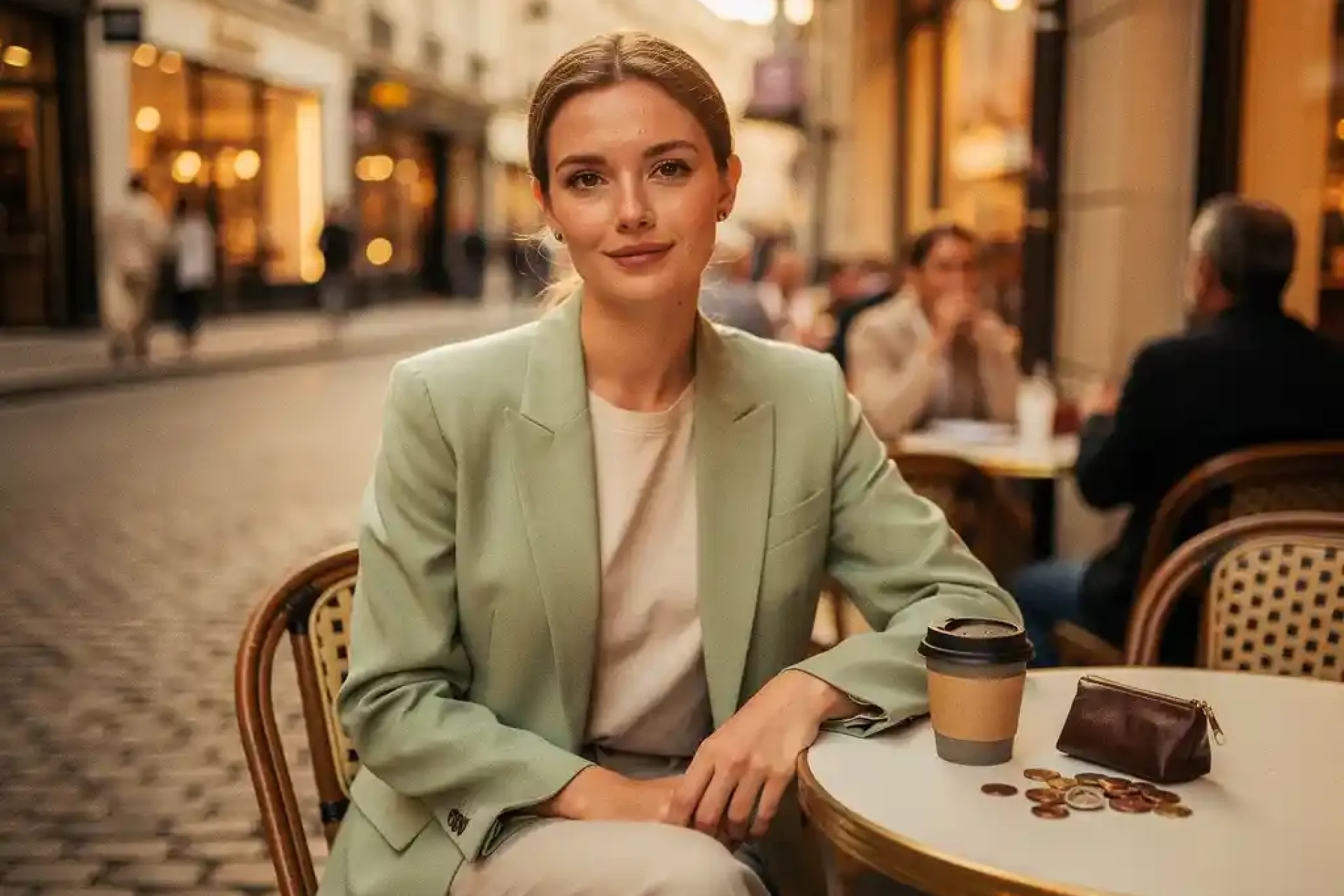Jonge professional op een stadscafé terras met herbruikbare koffiebeker en euromunten, Europese straatjes op de achtergrond.