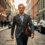 Jonge professional in getailleerd jasje met messenger bag op Europese kinderkopjesstraat in gouden middaglicht.