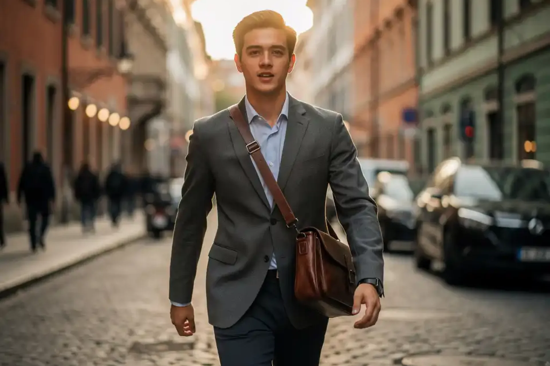Jonge professional in getailleerd jasje met messenger bag op Europese kinderkopjesstraat in gouden middaglicht.