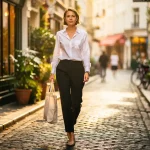 Jonge professional met herbruikbare tote bag op een Europese kinderkopjesstraat in warm ochtendlicht.