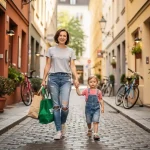Jonge moeder loopt met boodschappen en kind aan de hand door smalle kinderkopjesstraat met kleurrijke gevels en fietsen.