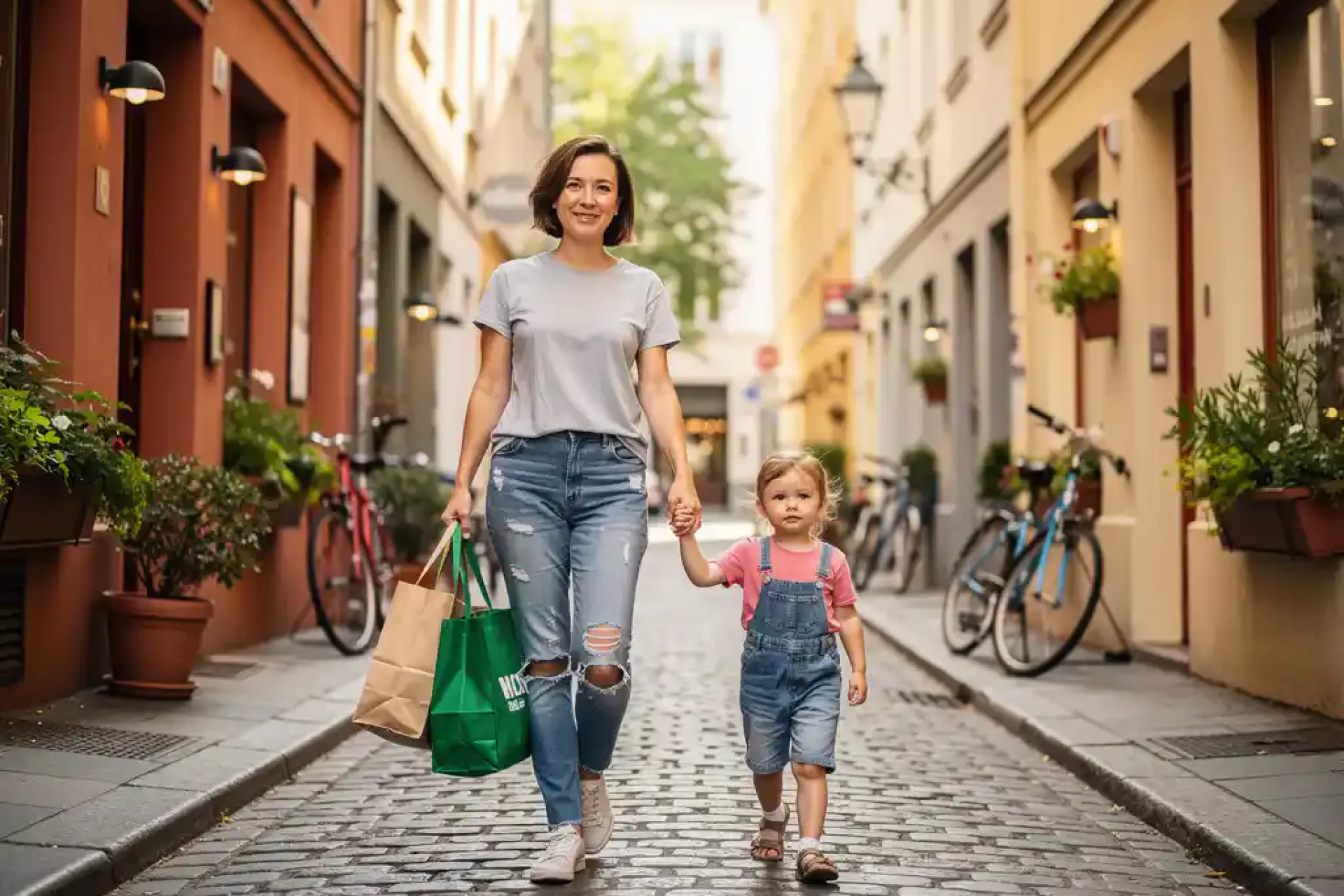 Jonge moeder loopt met boodschappen en kind aan de hand door smalle kinderkopjesstraat met kleurrijke gevels en fietsen.