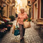 Oudere vrouw draagt boodschappen door een zonnige Europese straat met kinderkopjes, bloemenstalletjes en caféterrasjes op de achtergrond.