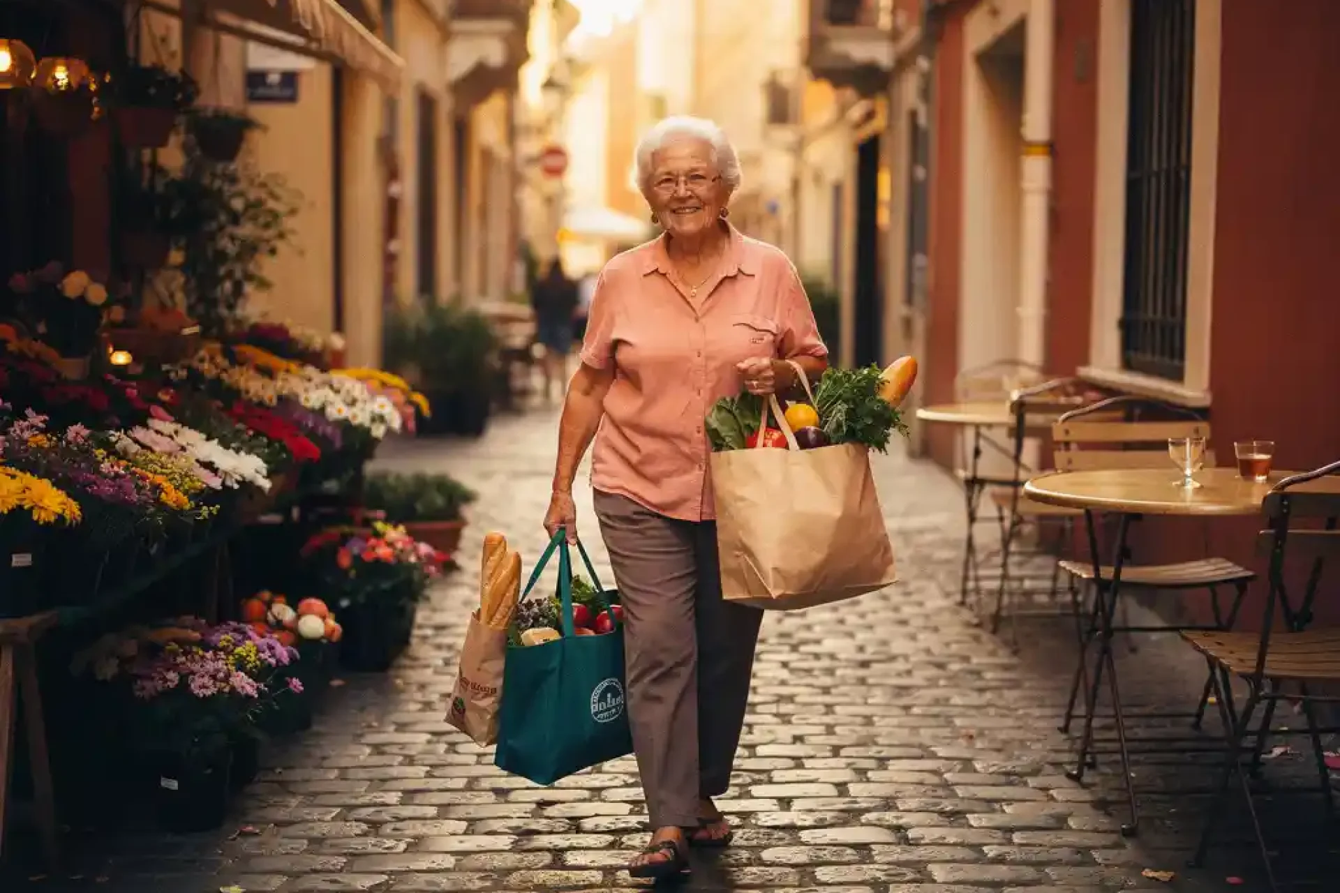 Oudere vrouw draagt boodschappen door een zonnige Europese straat met kinderkopjes, bloemenstalletjes en caféterrasjes op de achtergrond.
