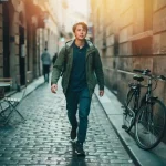 Jonge stadscommuter loopt zelfverzekerd door een Europese kasseienstraat bij gouden-uurlicht, met café en fiets op de achtergrond.