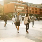 Voetgangers lopen door een ruim stadsplein met stenen tegels in een moderne Europese stad tijdens een zonnige namiddag.