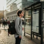 Jonge stedelijke forens bij een druk tramhalte, kijkend naar een dienstregeling in een Europese straat met kasseien en gouden middaglicht.