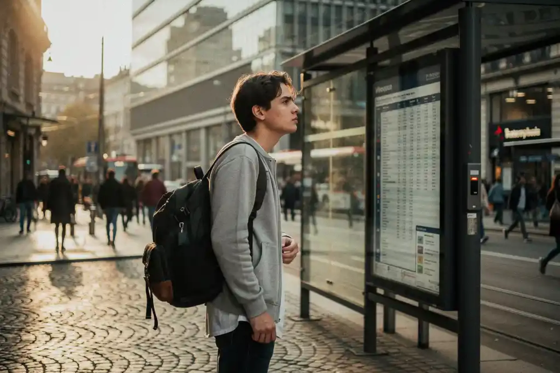 Jonge stedelijke forens bij een druk tramhalte, kijkend naar een dienstregeling in een Europese straat met kasseien en gouden middaglicht.