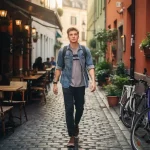 Jonge stadscommuter wandelt ontspannen door een smal Europees kasseiensteegje met terrasjes en fietsen in zachte ochtendzon.