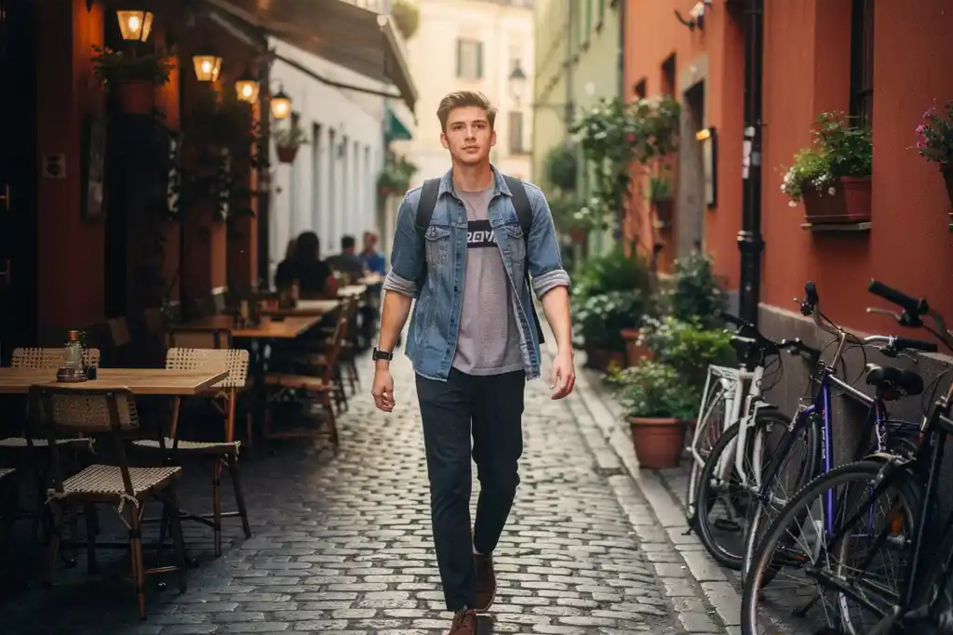 Jonge stadscommuter wandelt ontspannen door een smal Europees kasseiensteegje met terrasjes en fietsen in zachte ochtendzon.