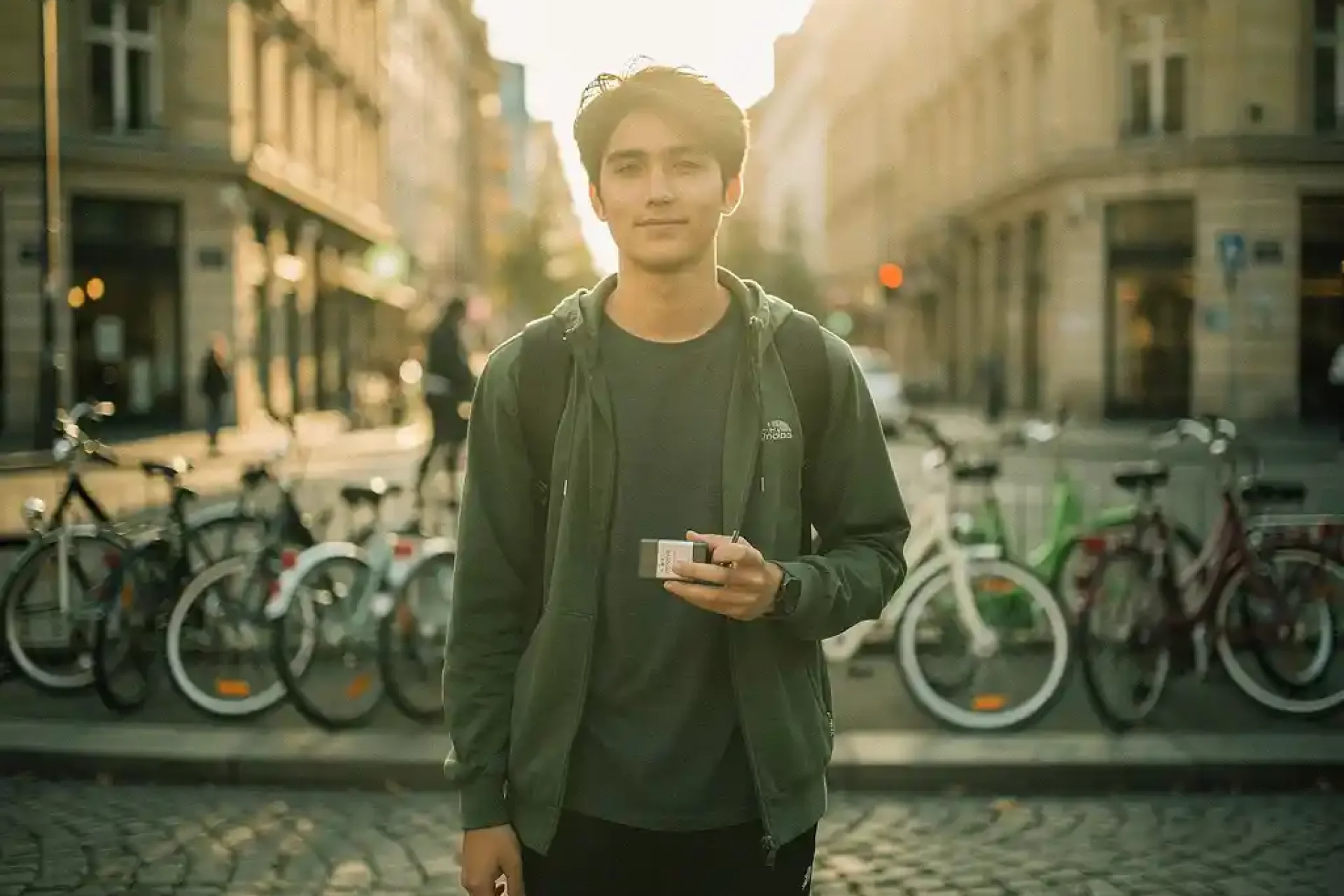 Jonge stedelijke forens op Europese straathoek met kinderkopjes, houdt een verwisselbare batterijpack vast, fietsen en stadsbebouwing op de achtergrond.