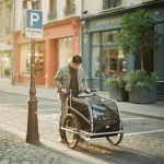 Jonge stadscommuter vergrendelt een kleine bakfiets bij een parkeerzone op een Europese kinderkopjesstraat in gouden avondlicht.