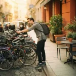 Voetganger wijst naar smalle parkeerruimte tussen fietsen en terras op Europese kinderkopjesstraat in gouden middaglicht.