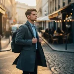 Jonge stedelijke professional op een druk stadsplein, blik gericht op een keienstegstraatje met caféterrassen in warm ochtendlicht.