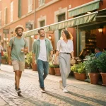 Glimlachende voetgangers op een zonnig Europees keistraatje met café terrassen en groene plantenbakken op de achtergrond.