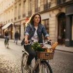 Jonge vrouw fietst zelfverzekerd door Europese binnenstad met boodschappen in fietsmand, gouden middaglicht op kasseienstraat.