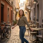 Jonge vrouw loopt zelfverzekerd door smalle Europese klinkerstraatje tussen fietsen en terras in gouden middaglicht.