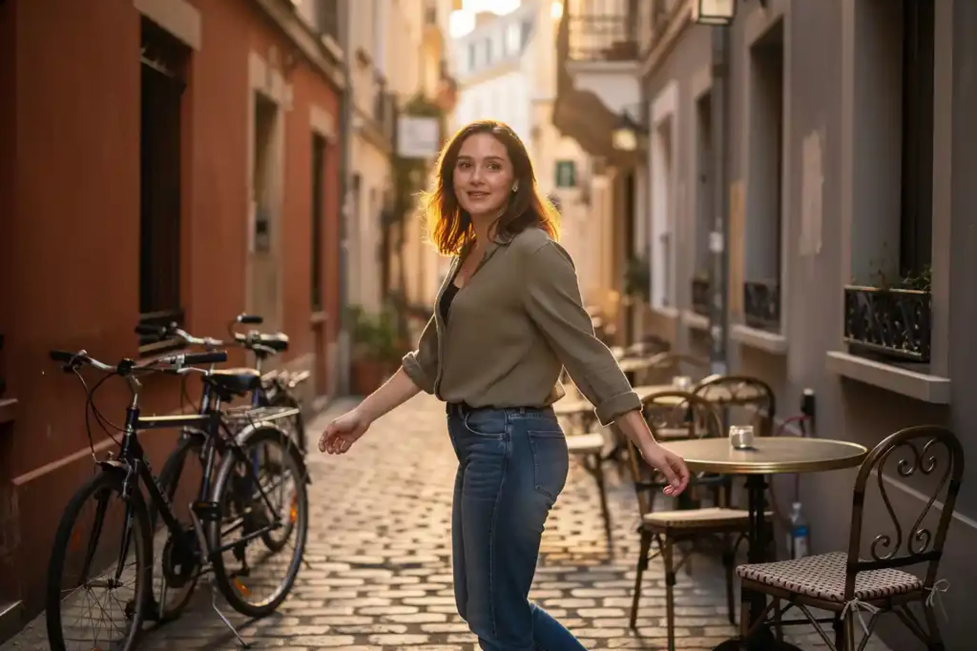 Jonge vrouw loopt zelfverzekerd door smalle Europese klinkerstraatje tussen fietsen en terras in gouden middaglicht.