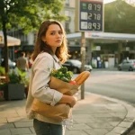 Jonge vrouw met boodschappen kijkt kalm naar een brandstofprijsbord op een Europese stadshoek in warm middaglicht.