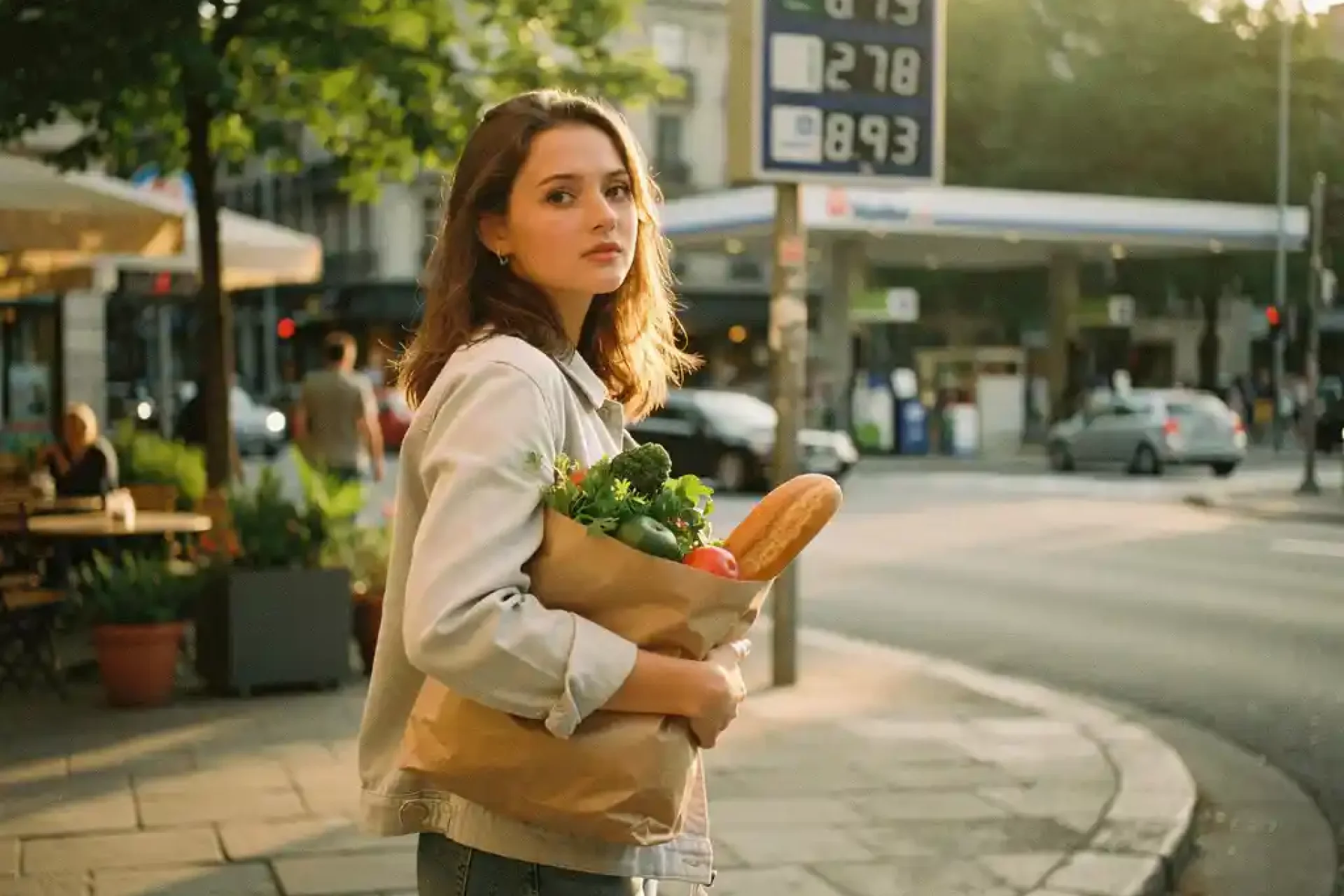 Jonge vrouw met boodschappen kijkt kalm naar een brandstofprijsbord op een Europese stadshoek in warm middaglicht.
