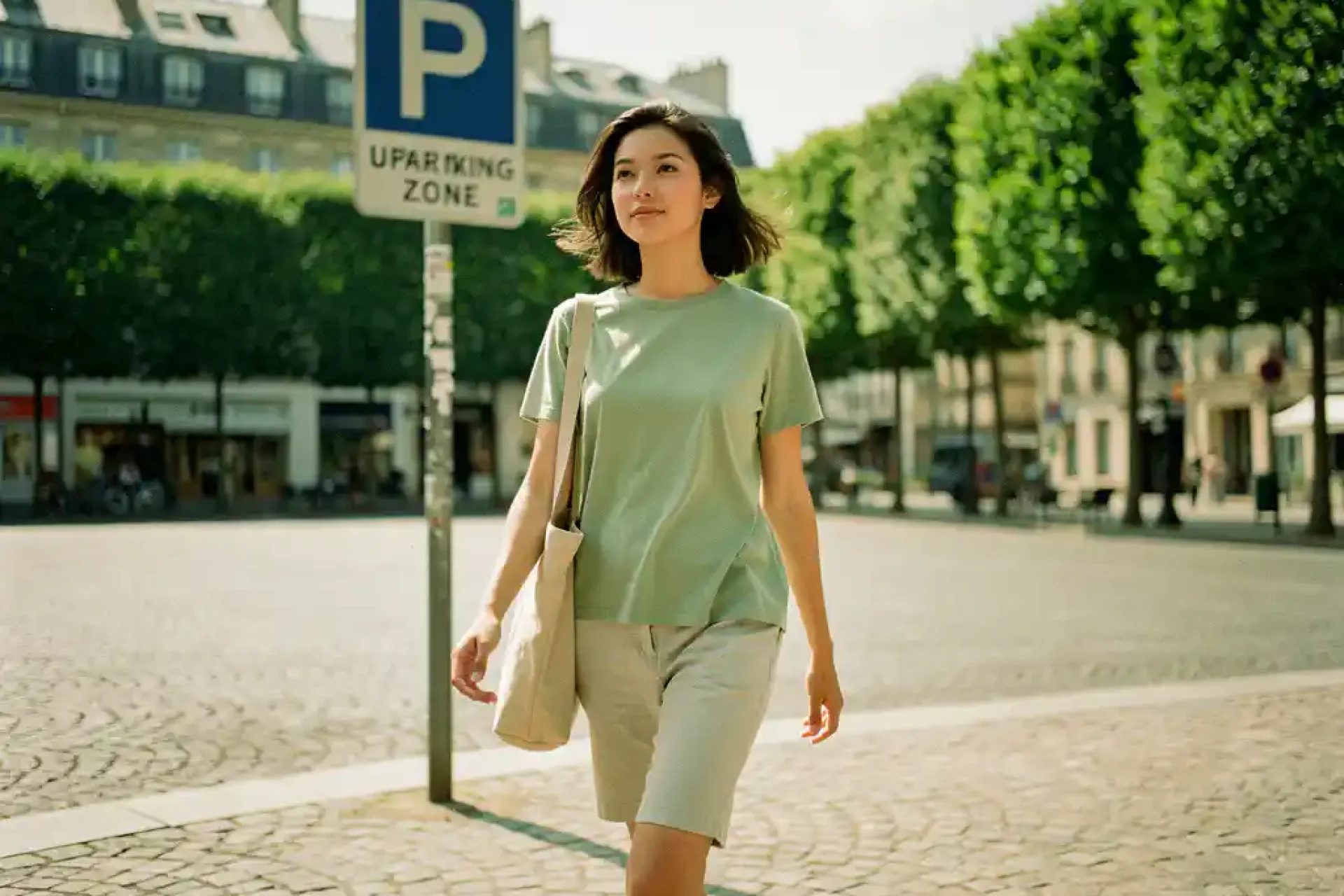 Jonge vrouw loopt zelfverzekerd door een Europees stadsplein met kinderkopjes, groene bomen en een parkeerzonebord op de achtergrond.