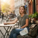 Jonge vrouw zit ontspannen op een Europees café-terras met een wegenkaart en rugzak op een kasseienstraat.