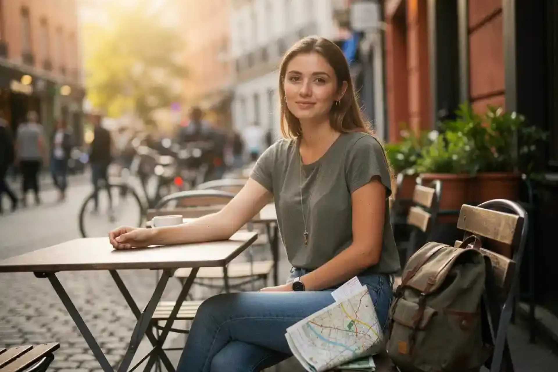 Jonge vrouw zit ontspannen op een Europees café-terras met een wegenkaart en rugzak op een kasseienstraat.