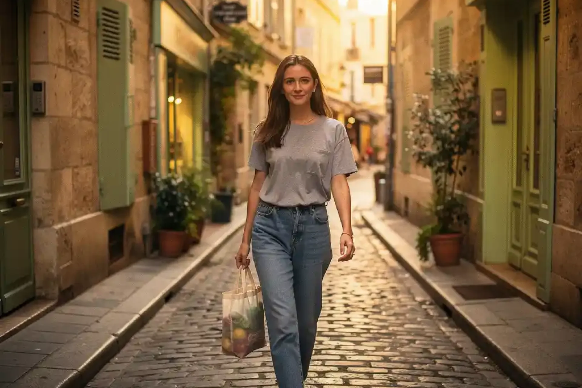 Jonge vrouw loopt ontspannen door een Europese keiensteegsstraat met een boodschappentasje in het gouden middaglicht.