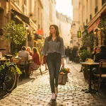 Jonge vrouw wandelt met boodschappentas door smalle Europese kasseienstraat met café terrassen en fietsen in warm middaglicht.