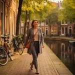 Vrouw van middelbare leeftijd loopt langs een smalle Amsterdamse gracht met bakstenen huizen, fietsen en kinderkopjes in warm middaglicht.
