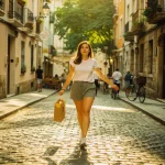 Jonge vrouw met boodschappentas wandelt door smal Europees straatje met kasseien en historische gevels in gouden avondlicht.