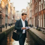 Professional loopt door smalle Amsterdamse gracht met laptoptas, historische gevels en kanaalsreflectie op de achtergrond.