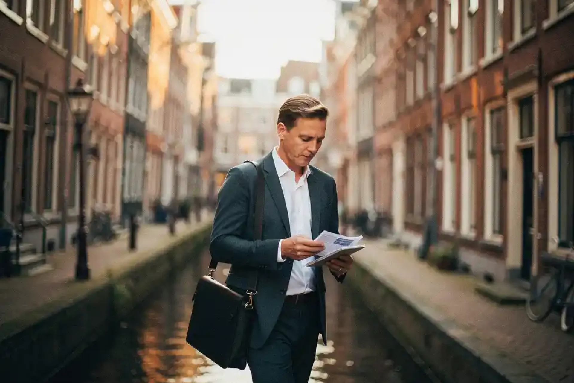 Professional loopt door smalle Amsterdamse gracht met laptoptas, historische gevels en kanaalsreflectie op de achtergrond.