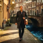 Professional met leren laptoptas loopt door smalle Amsterdamse gracht, bakstenen gevels en gewelfde brug op de achtergrond, gouden middaglicht.