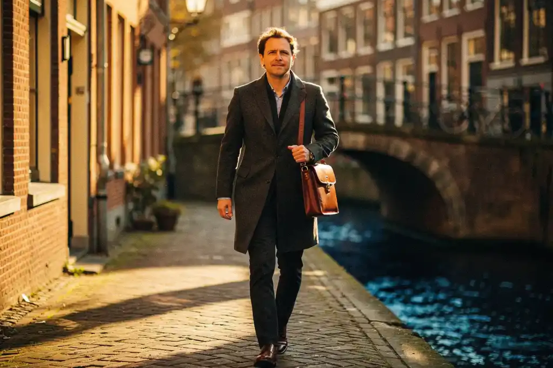 Professional met leren laptoptas loopt door smalle Amsterdamse gracht, bakstenen gevels en gewelfde brug op de achtergrond, gouden middaglicht.