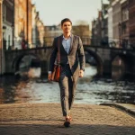 Jonge professional met leren laptoptas loopt zelfverzekerd over een Amsterdamse keistraat langs grachten en boogbruggen in gouden middaglicht.