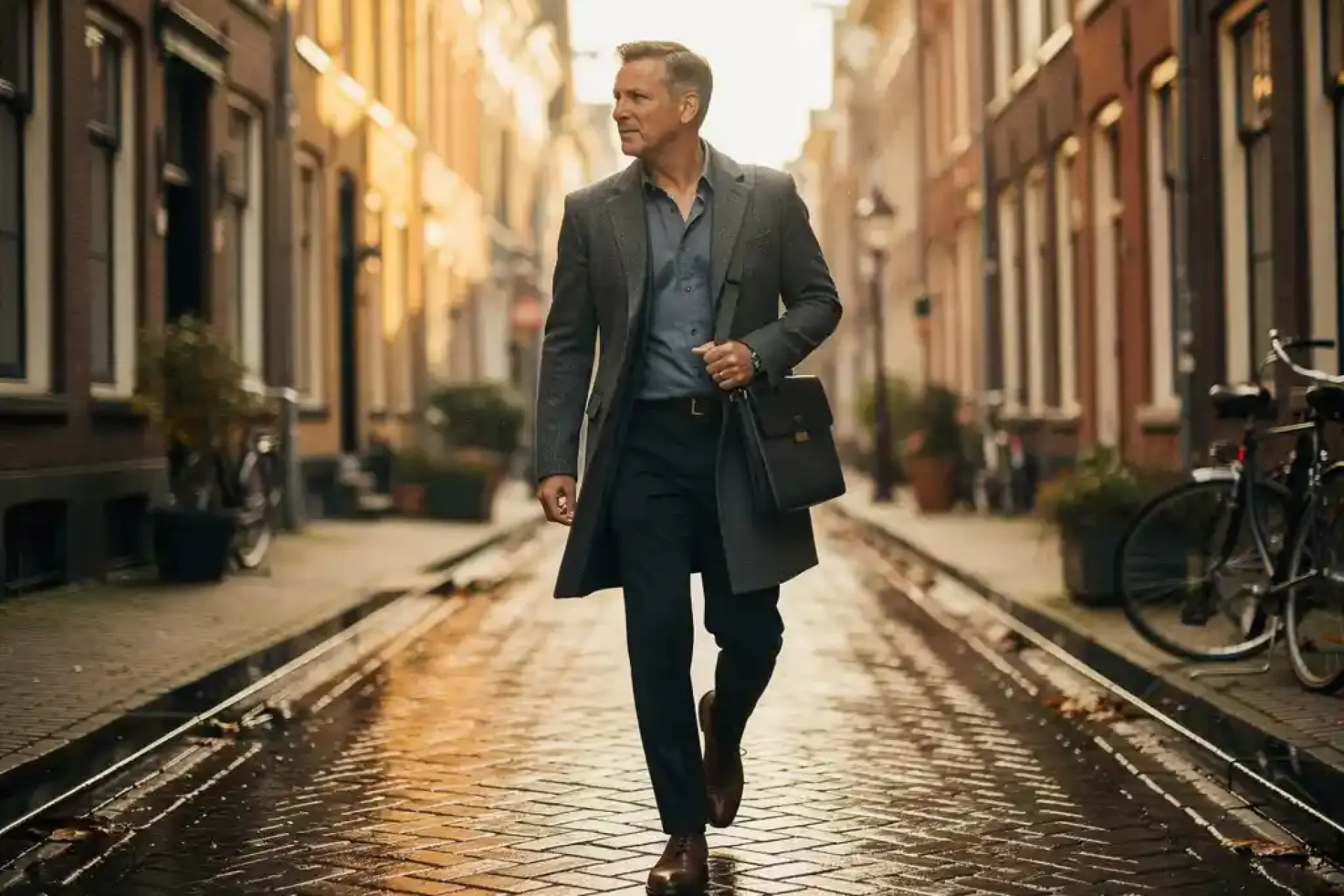 Professional in pak loopt door natte Amsterdamse gracht met laptoptas, omringd door historische gevels in gouden daglicht.