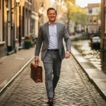 Professional met leren laptoptas wandelt zelfverzekerd door smalle Amsterdamse gracht met kasseien en bakstenen gevels.