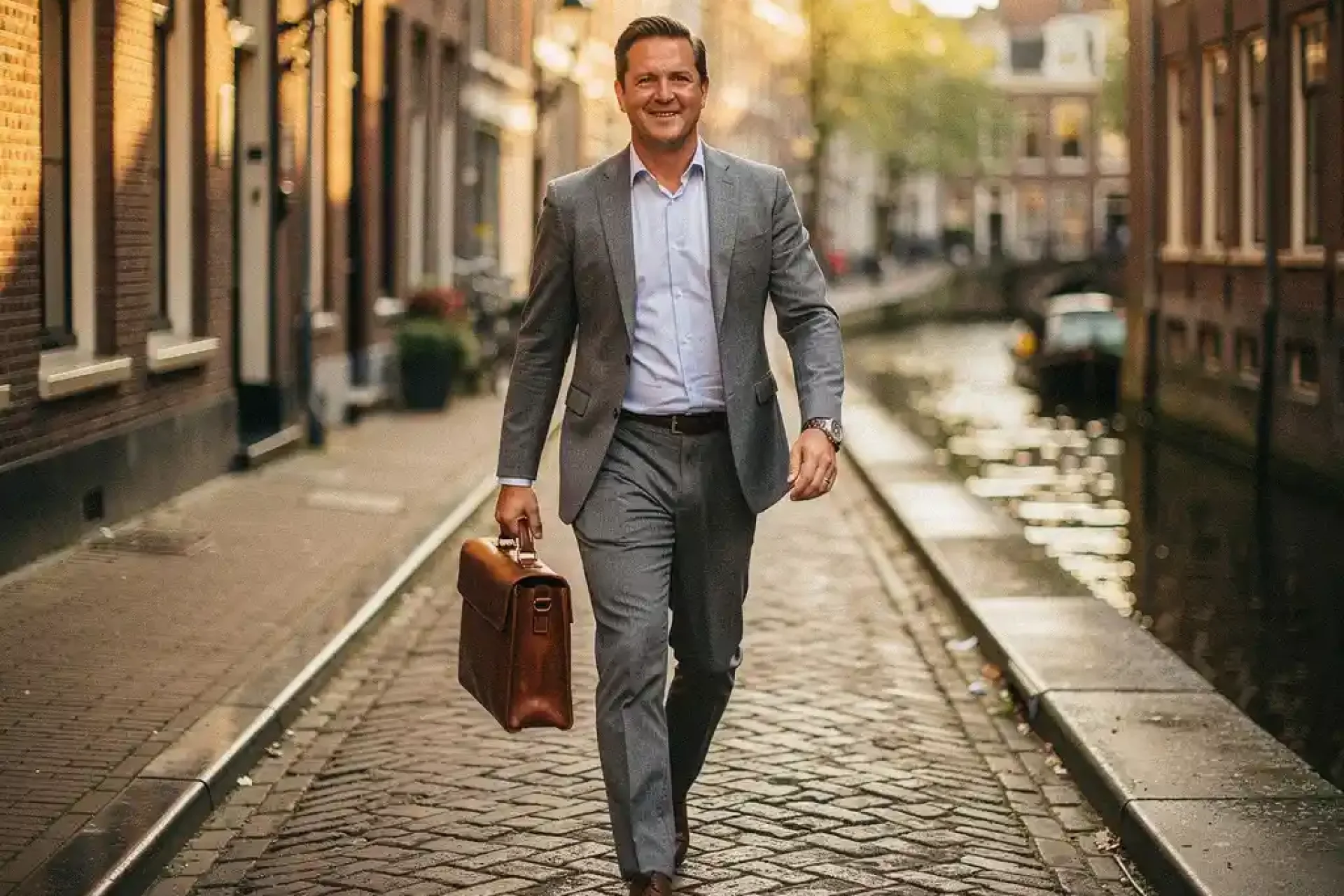 Professional met leren laptoptas wandelt zelfverzekerd door smalle Amsterdamse gracht met kasseien en bakstenen gevels.