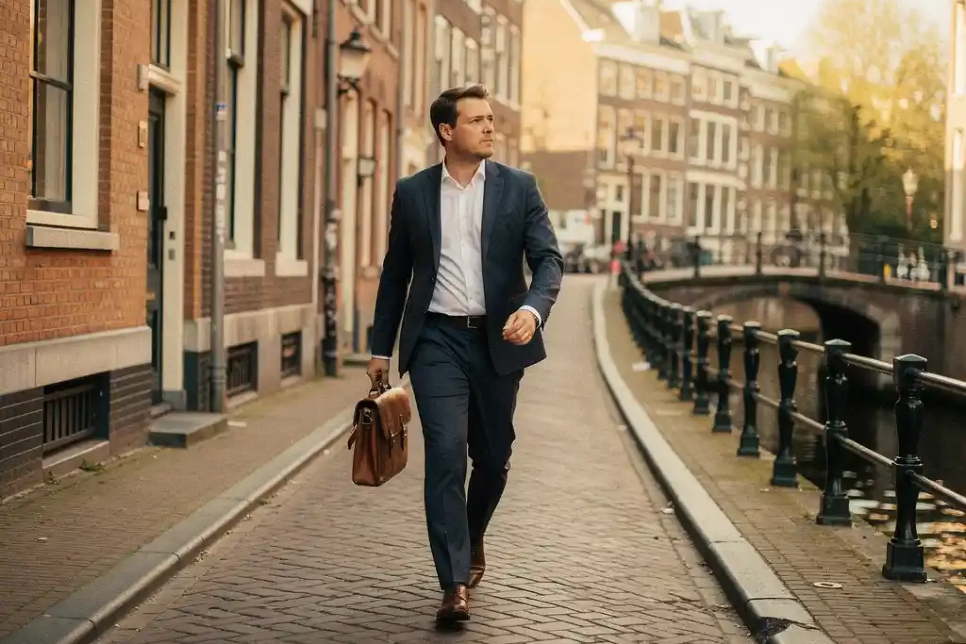 Professional met leren laptoptas loopt over een Amsterdamse klinkerstraat langs historische grachtenpanden en een brug.