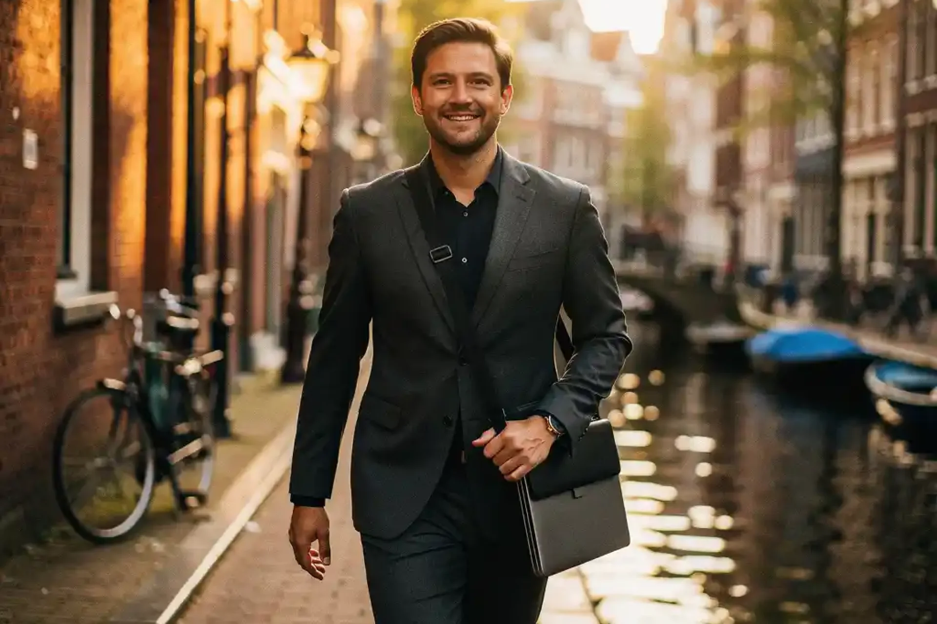 Professional met laptoptas wandelt door smalle Amsterdamse gracht, gouden middaglicht op historische gevels en water.