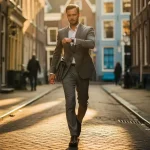Professional in pak loopt zelfverzekerd door smalle Amsterdamse gracht, laptoptas over schouder, kijkt op horloge, kasseien en grachtenpanden op achtergrond.