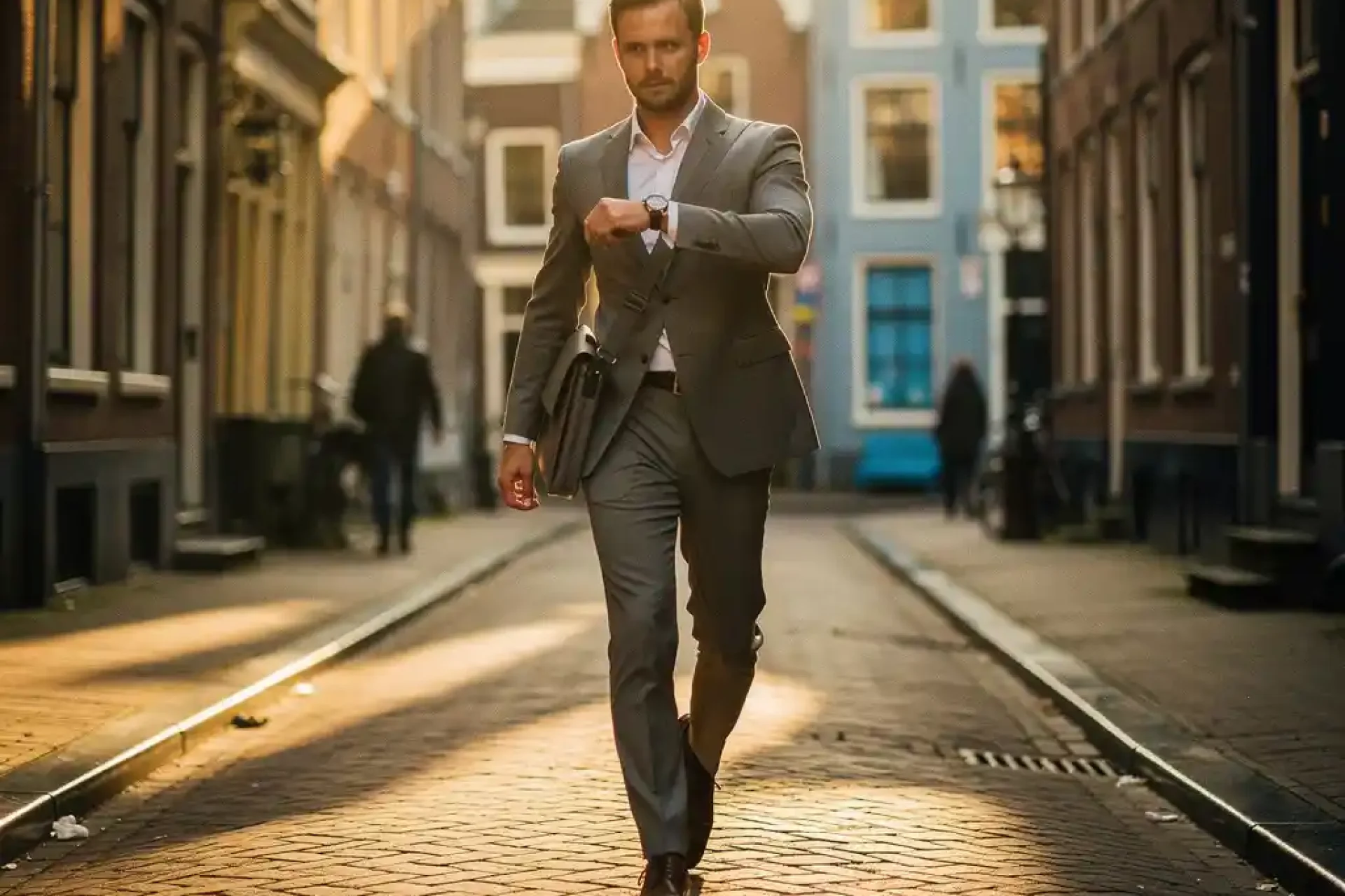 Professional in pak loopt zelfverzekerd door smalle Amsterdamse gracht, laptoptas over schouder, kijkt op horloge, kasseien en grachtenpanden op achtergrond.