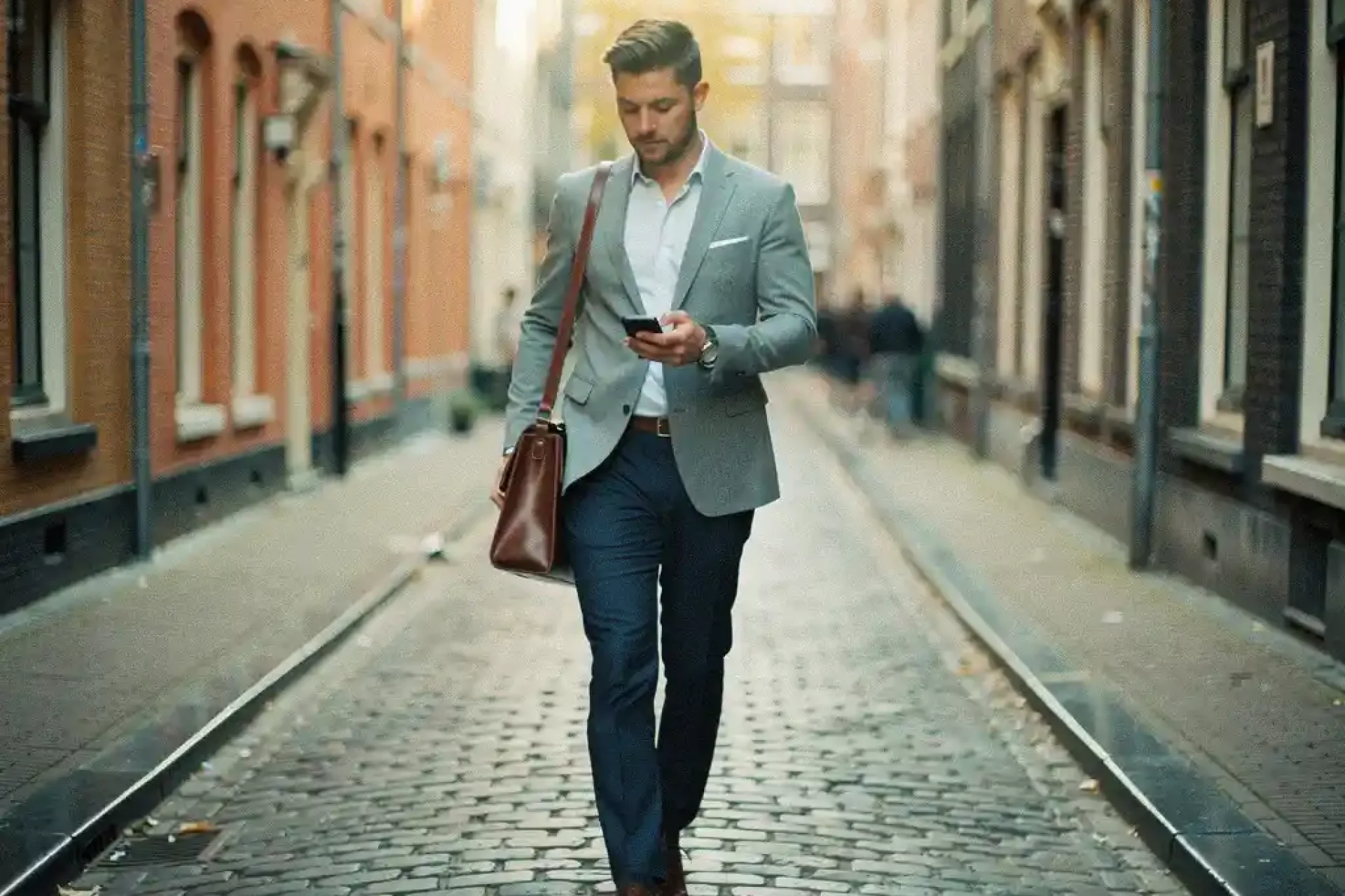 Jonge professional met leren laptoptas loopt over kasseistraat langs historische Amsterdamse grachtenpanden in warm daglicht.