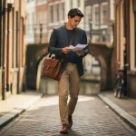 Jonge professional in smart-casual kleding loopt door smalle Amsterdamse grachtstraat met leren laptoptas en aantekeningen, historische gevels op achtergrond.