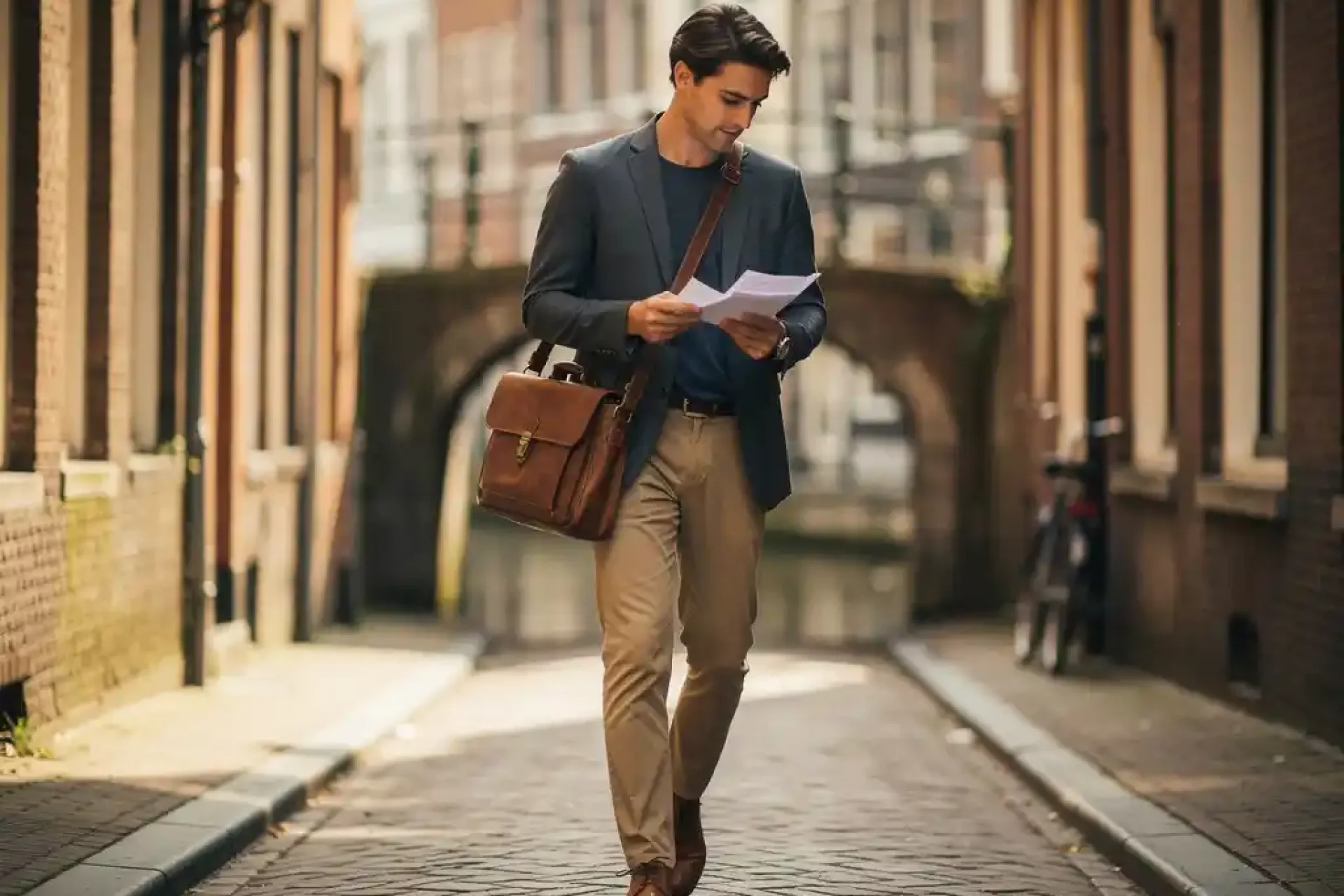 Jonge professional in smart-casual kleding loopt door smalle Amsterdamse grachtstraat met leren laptoptas en aantekeningen, historische gevels op achtergrond.
